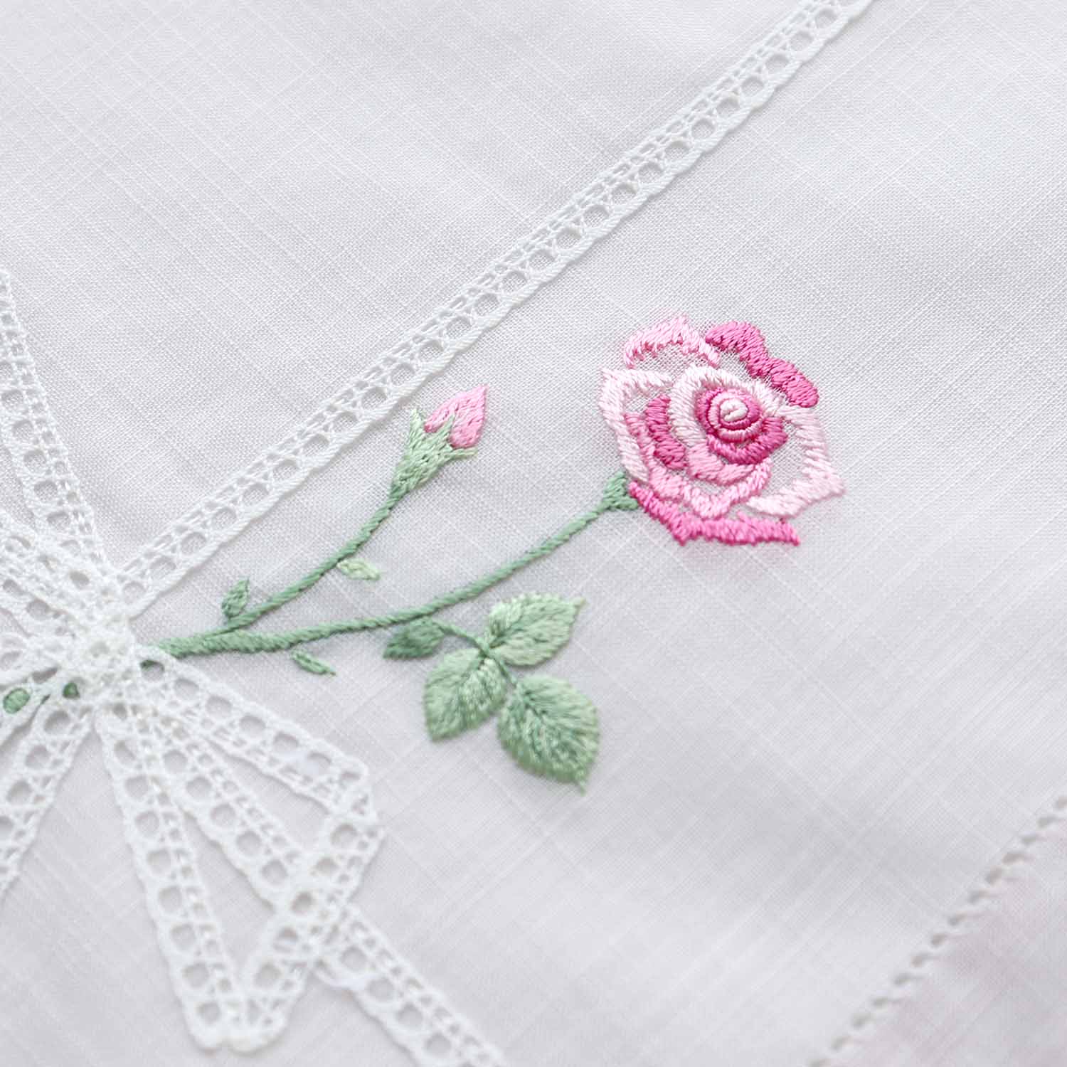 Vietnamese hand-embroidered handkerchief with rose ribbon