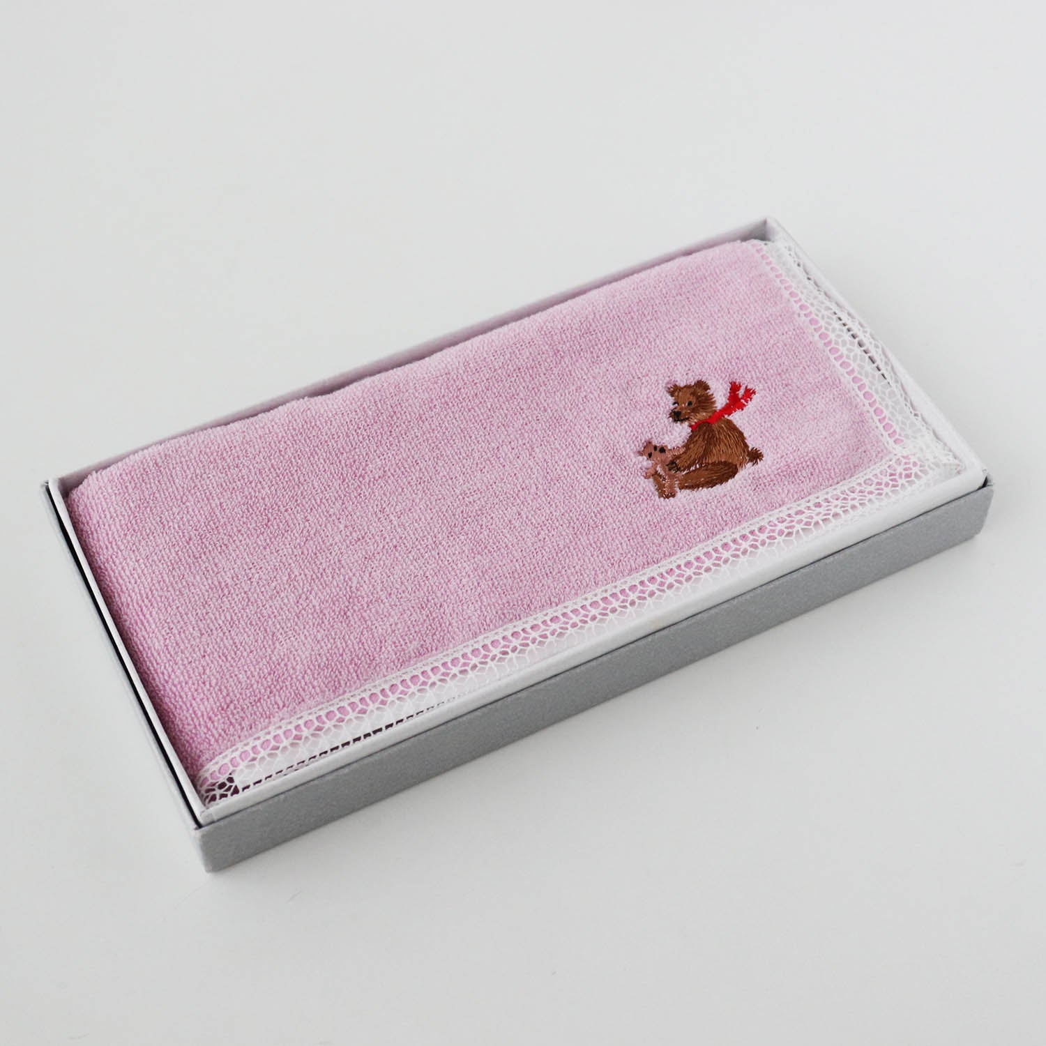 ホリデー刺繍ハンカチ［テディベア］Duo Cotton Towel レース タオルハンカチ 【オーガニック】