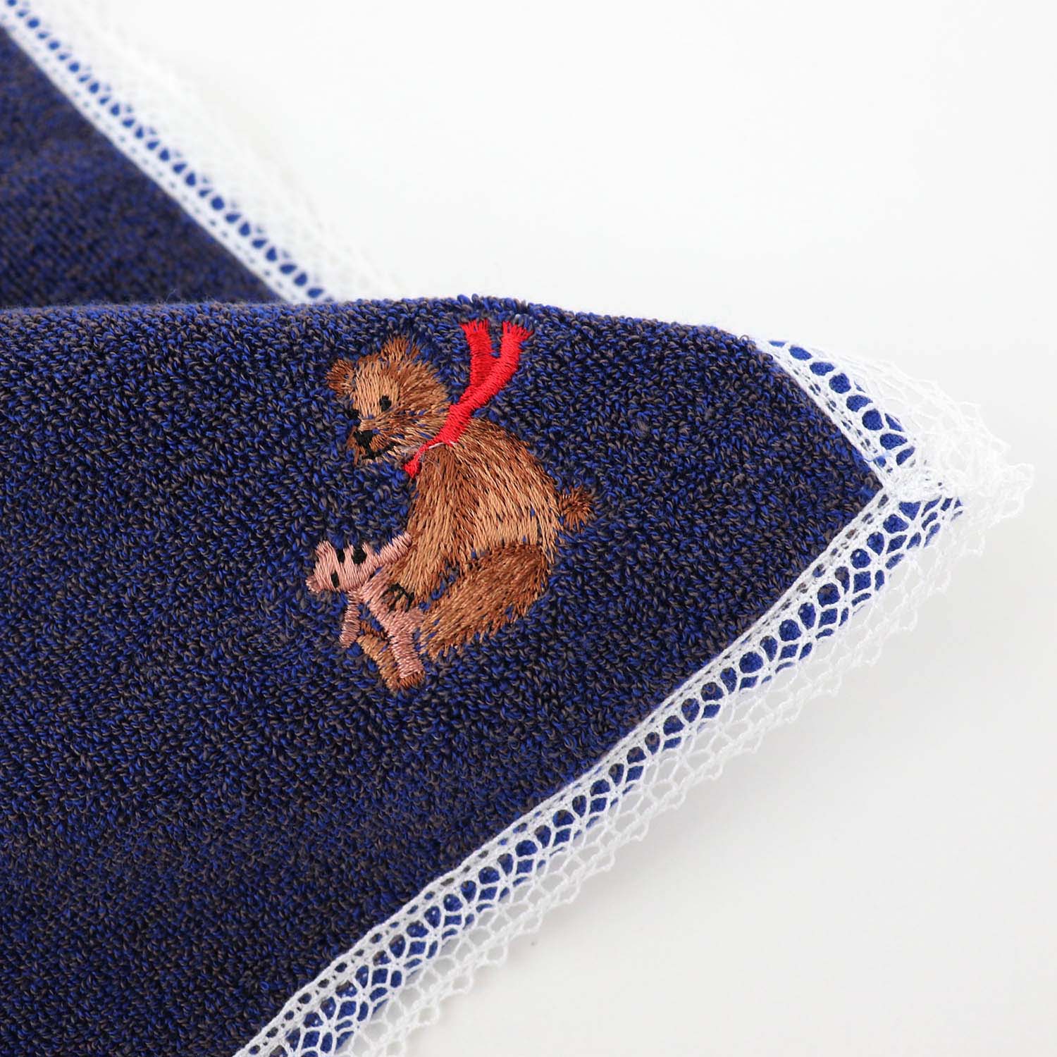 ホリデー刺繍ハンカチ［テディベア］Duo Cotton Towel レース タオルハンカチ 【オーガニック】