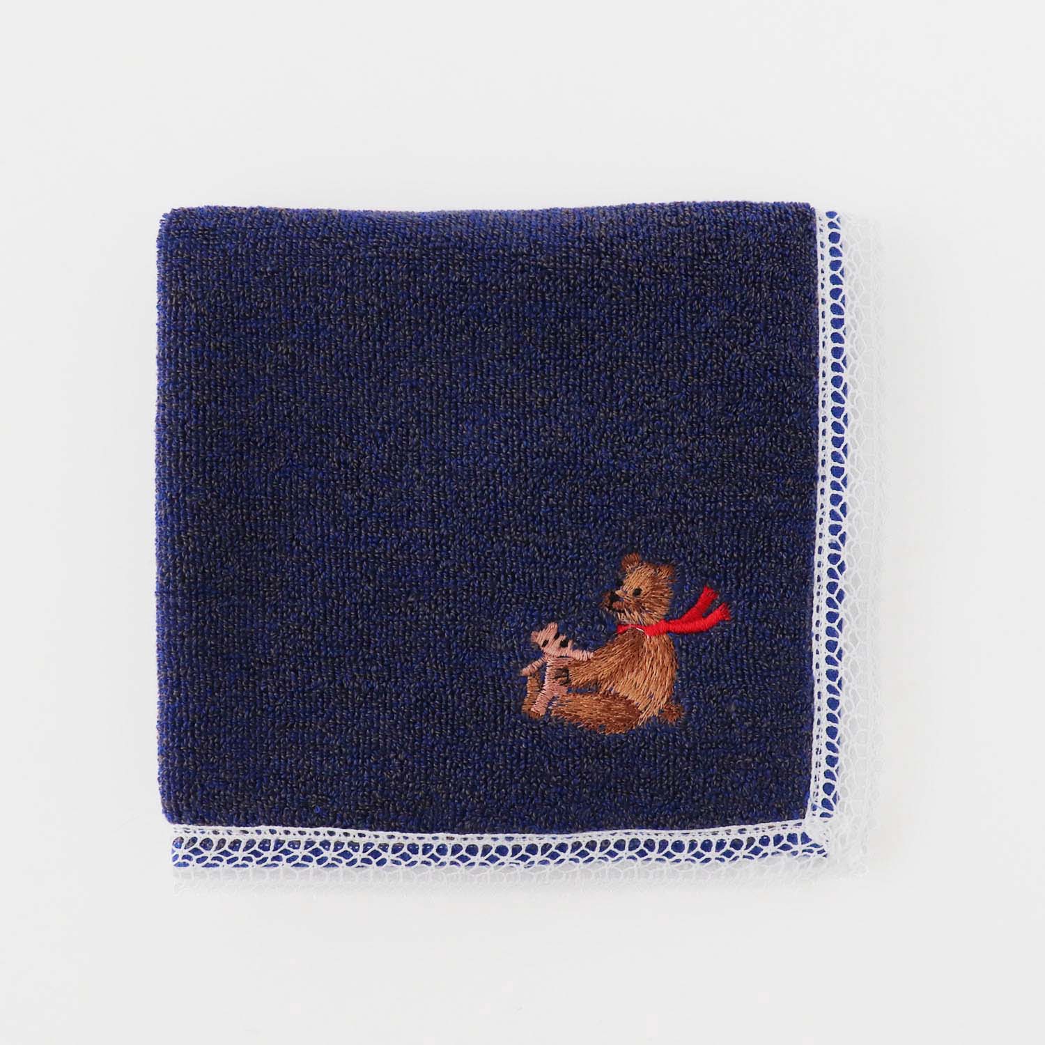 ホリデー刺繍ハンカチ［テディベア］Duo Cotton Towel レース タオルハンカチ 【オーガニック】