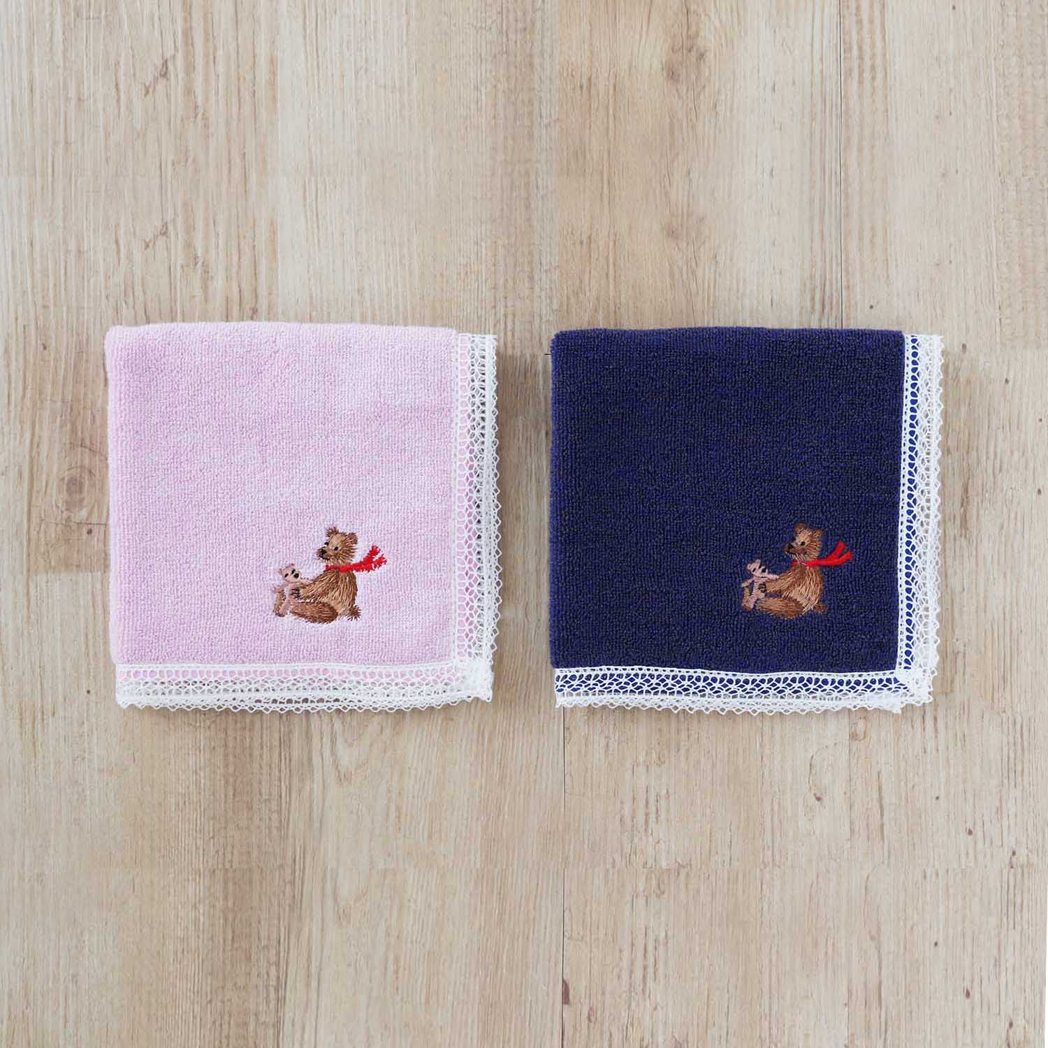 ホリデー刺繍ハンカチ［テディベア］Duo Cotton Towel レース タオルハンカチ 【オーガニック】