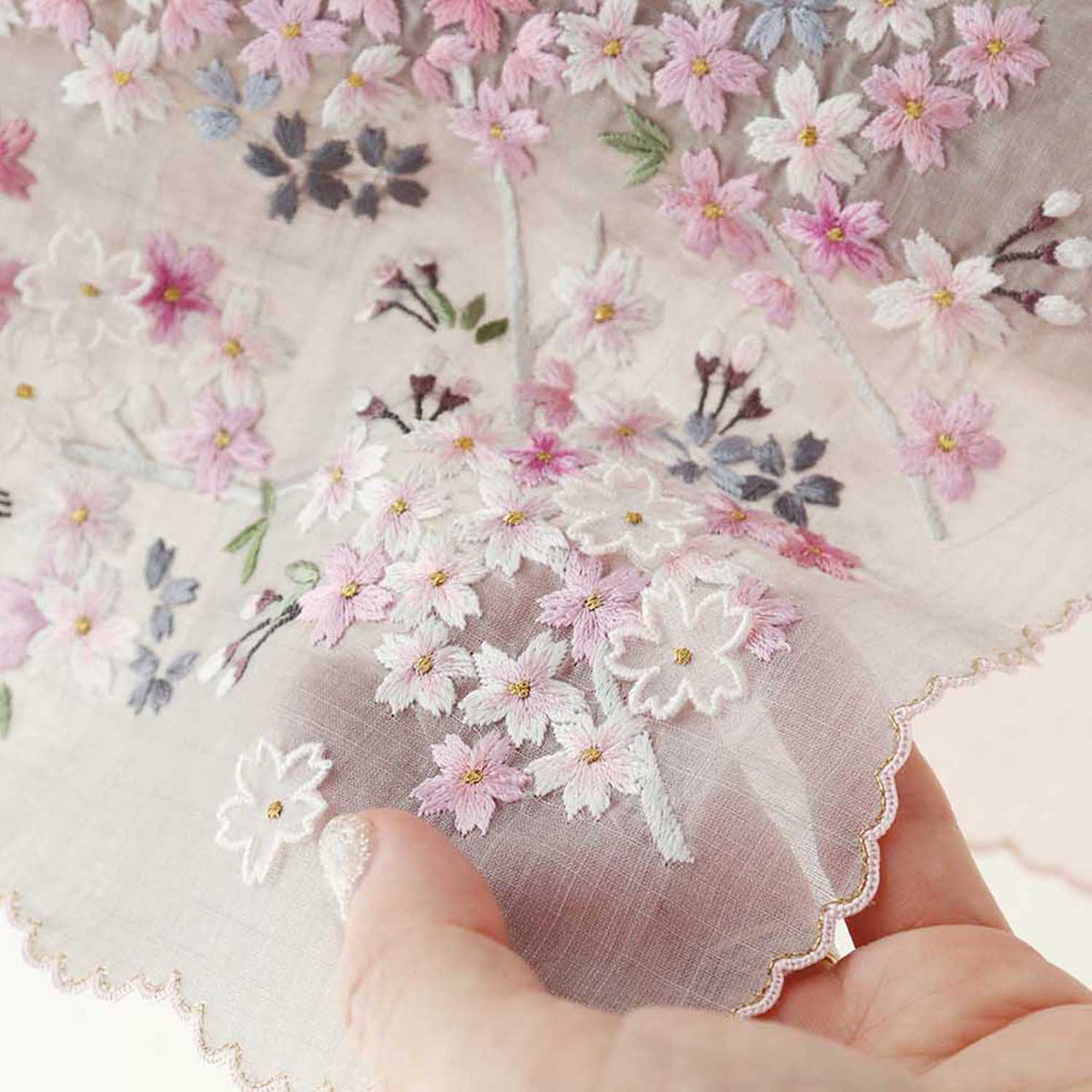 [Made-to-Order] Chiyo Uno Collaboration Handkerchief: Cherry Blossoms, Hand-Embroidered in Vietnam