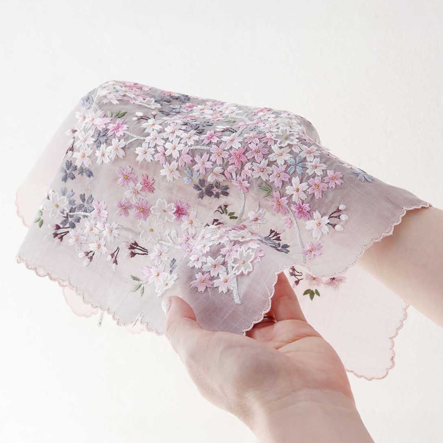 [Made-to-Order] Chiyo Uno Collaboration Handkerchief: Cherry Blossoms, Hand-Embroidered in Vietnam