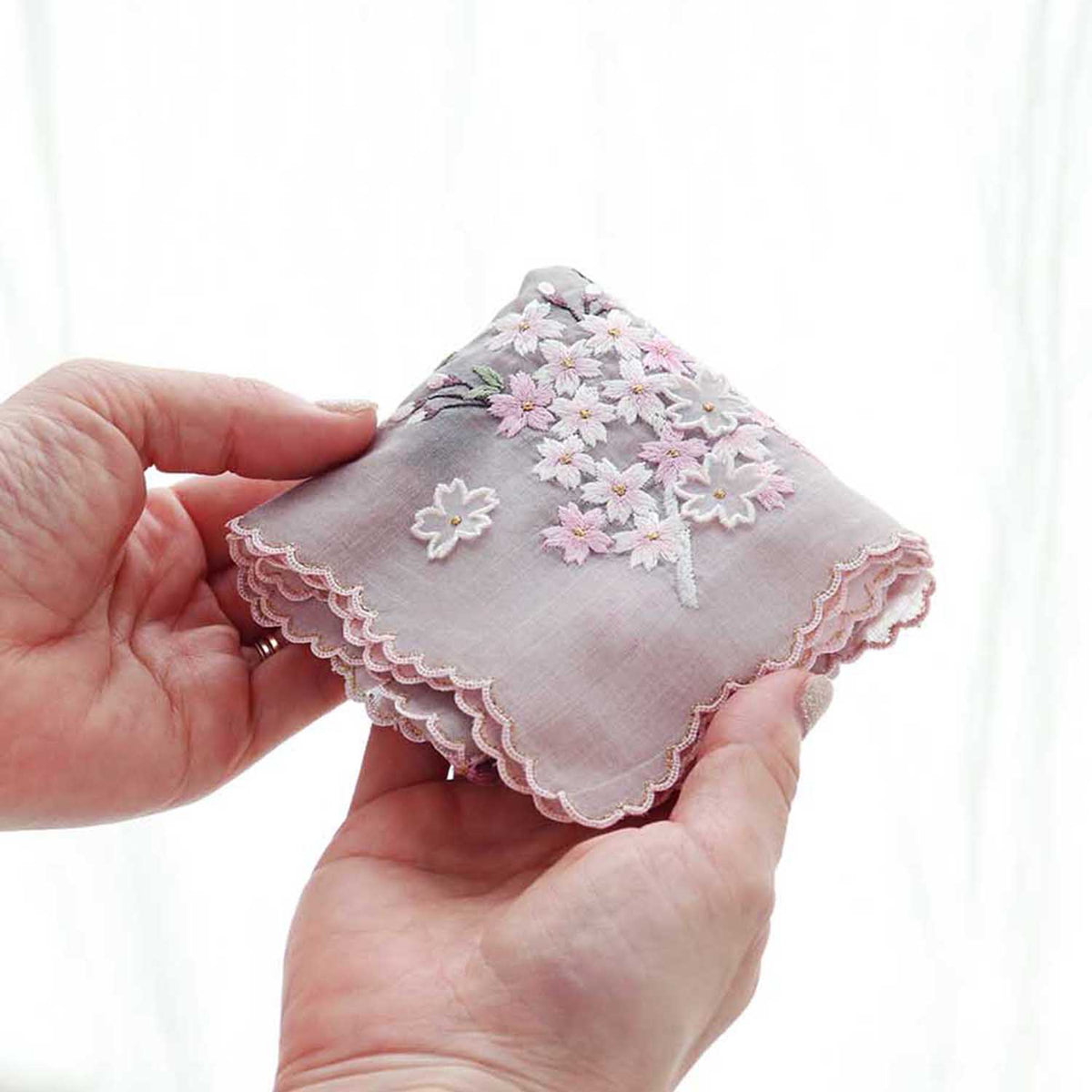 [Made-to-Order] Chiyo Uno Collaboration Handkerchief: Cherry Blossoms, Hand-Embroidered in Vietnam