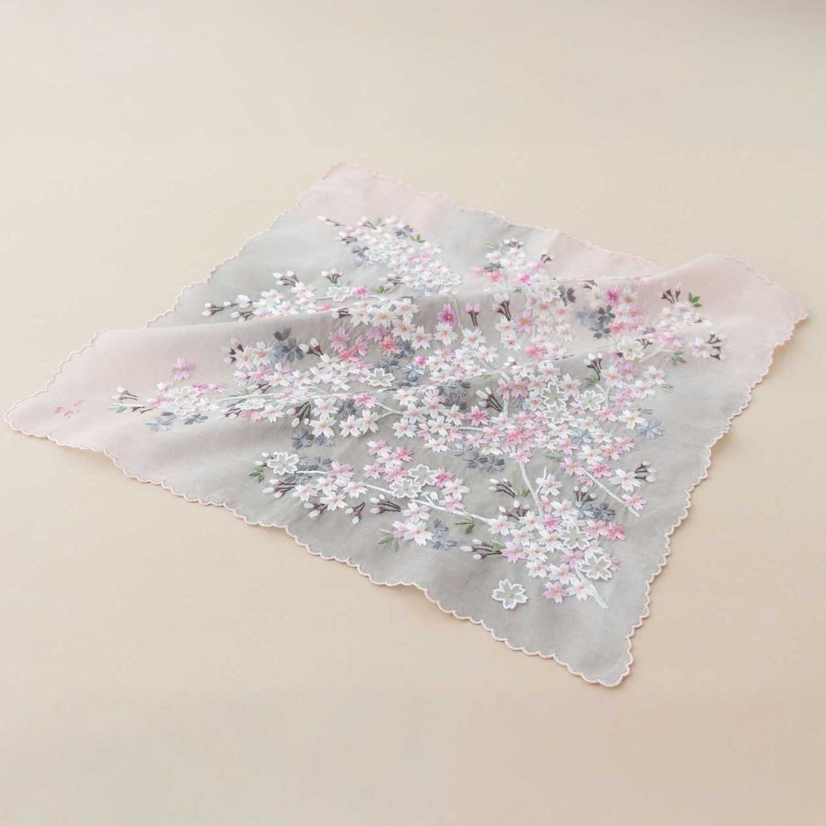 [Made-to-Order] Chiyo Uno Collaboration Handkerchief: Cherry Blossoms, Hand-Embroidered in Vietnam