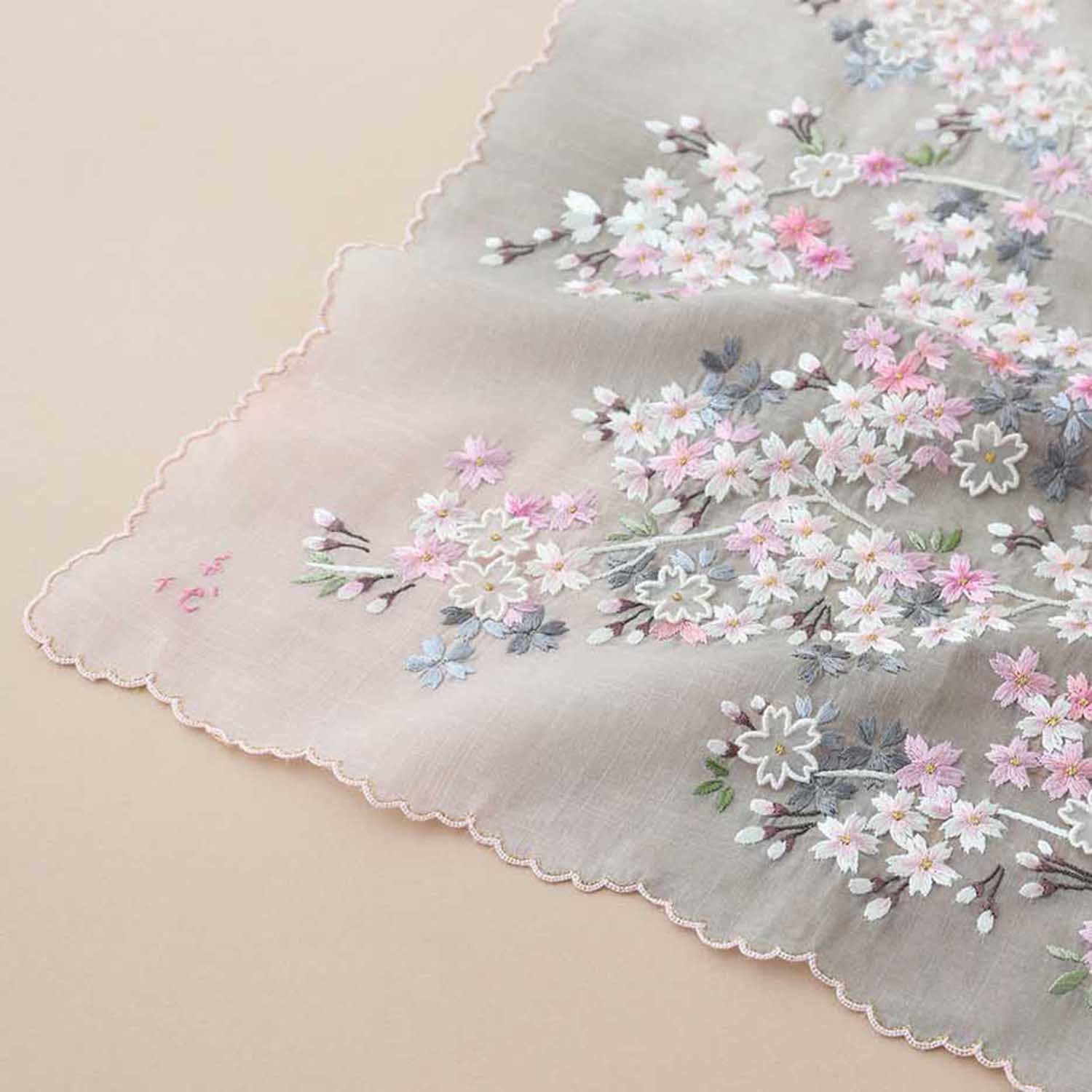 [Made-to-Order] Chiyo Uno Collaboration Handkerchief: Cherry Blossoms, Hand-Embroidered in Vietnam