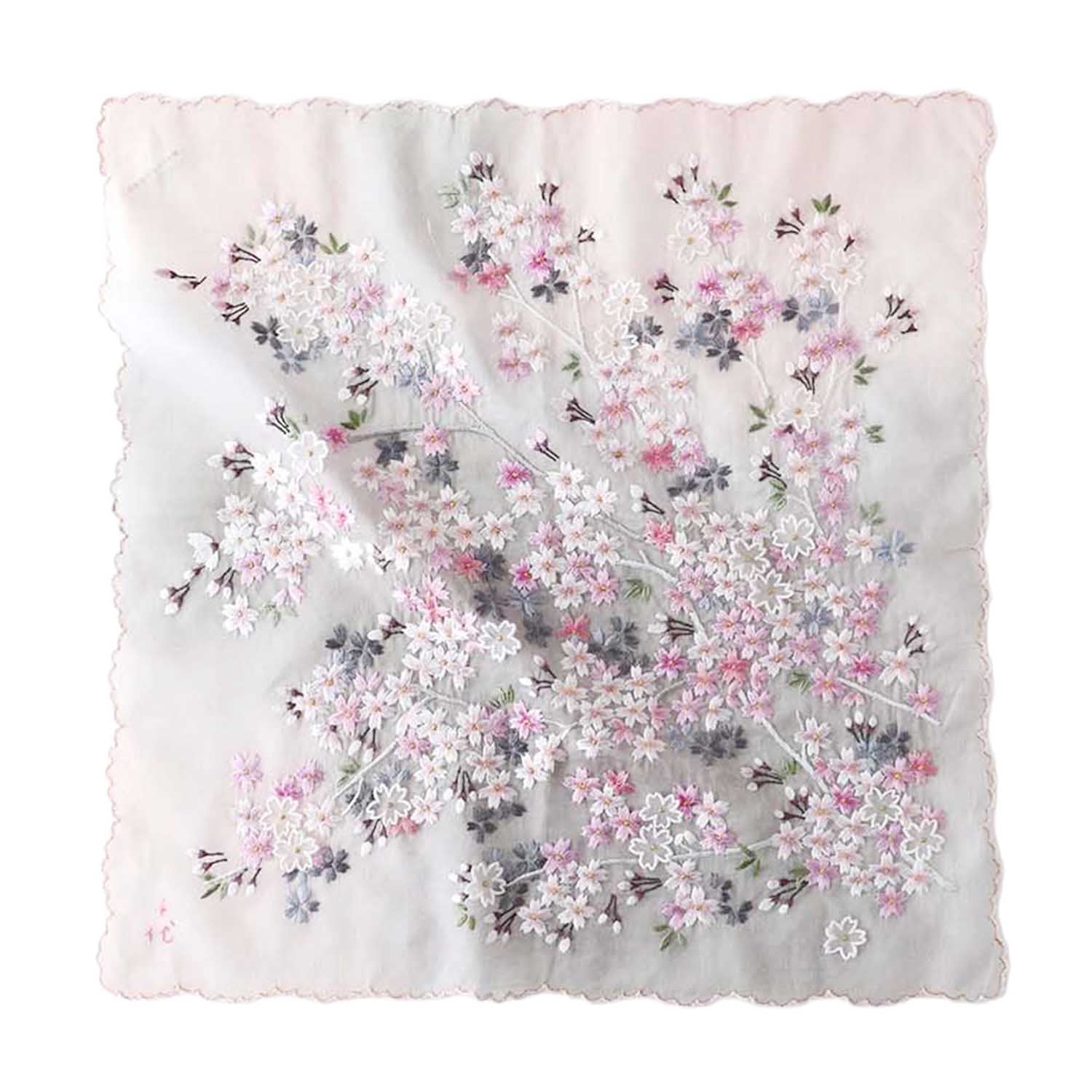 [Made-to-Order] Chiyo Uno Collaboration Handkerchief: Cherry Blossoms, Hand-Embroidered in Vietnam