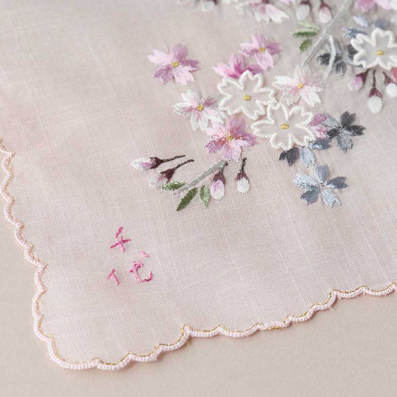 [Made-to-Order] Chiyo Uno Collaboration Handkerchief: Cherry Blossoms, Hand-Embroidered in Vietnam