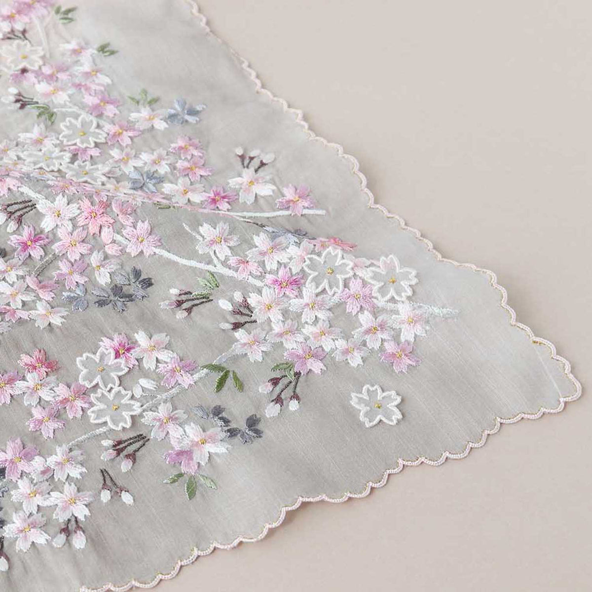 [Made-to-Order] Chiyo Uno Collaboration Handkerchief: Cherry Blossoms, Hand-Embroidered in Vietnam