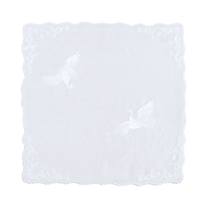 Vietnamese Hand-Embroidered Handkerchief, White Shukui-Tsuru (Cranes) [Japanese Pattern Series